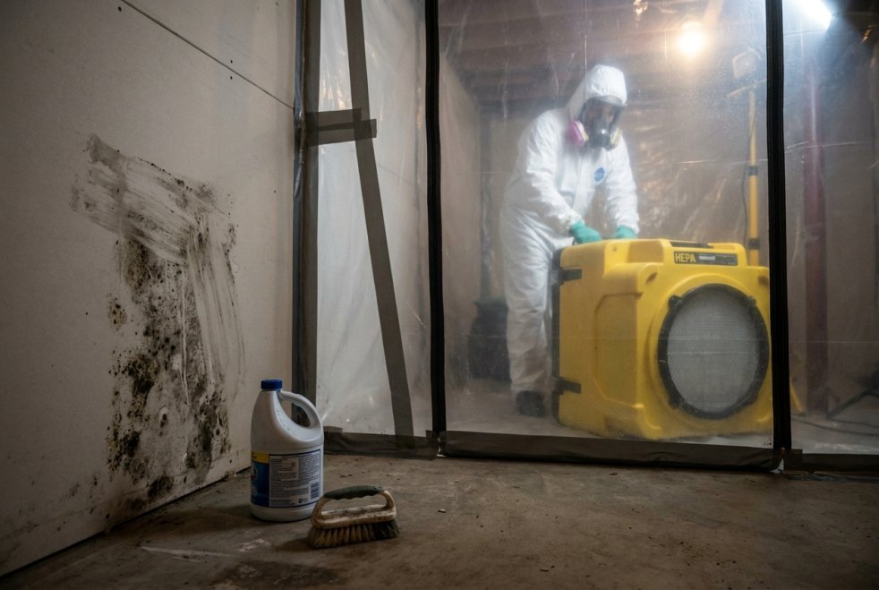 Technician performing mold remediation in a basement with containment barriers and HEPA filtration