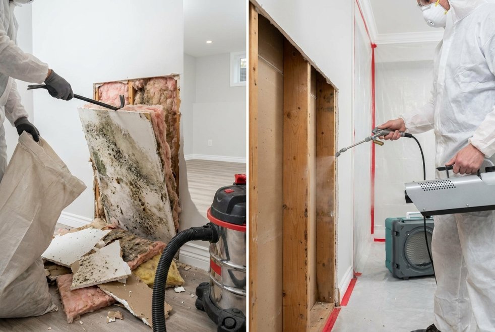 Split view of mold removal and remediation in a damaged room with protective gear and cleanup equipment